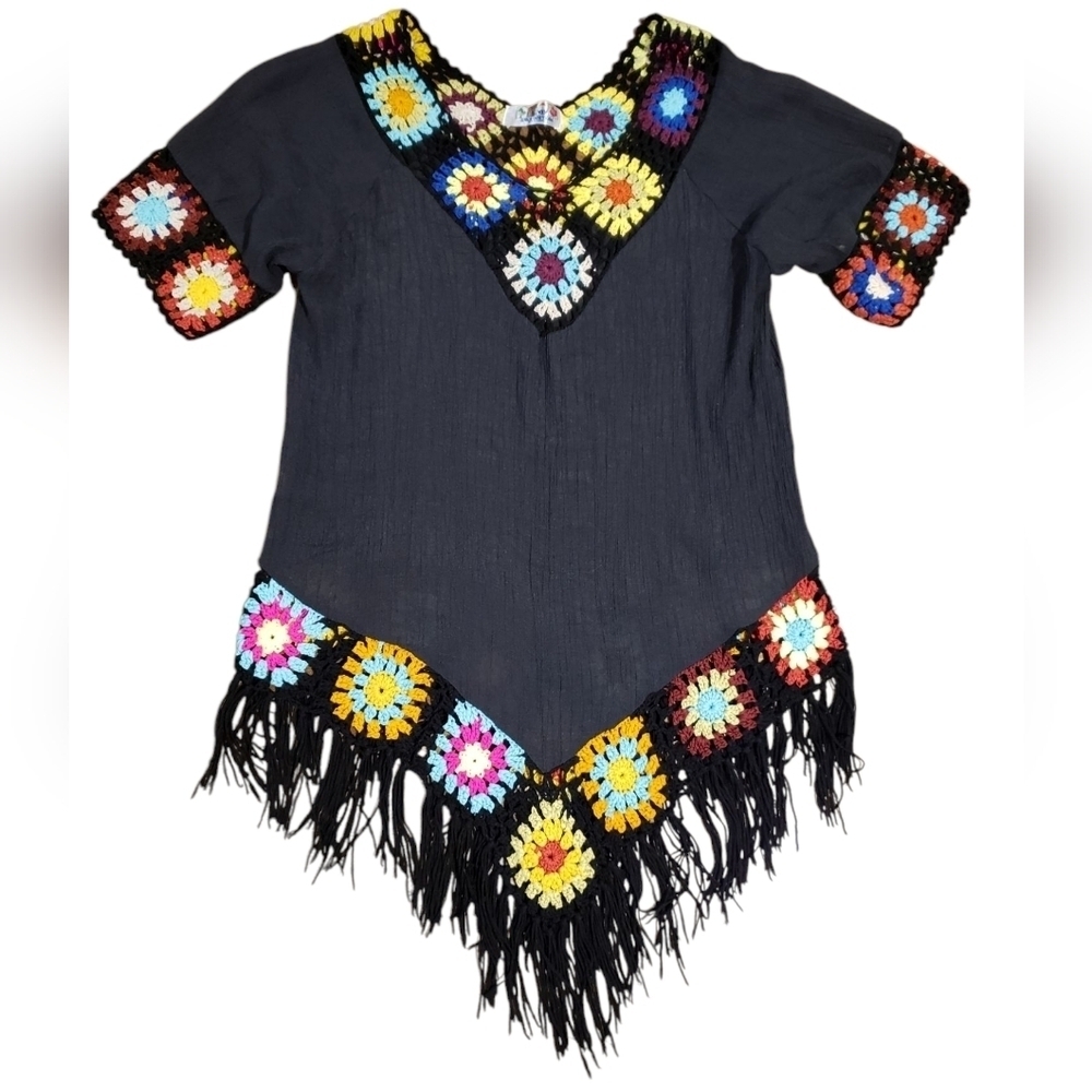 Granny Square Knit Gauze Black Swim Coverup OS